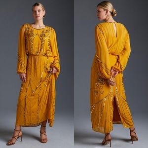 Anthropologie Let Me Be Juliet Sheer Maxi Dress Gold Size 2X Embellished
